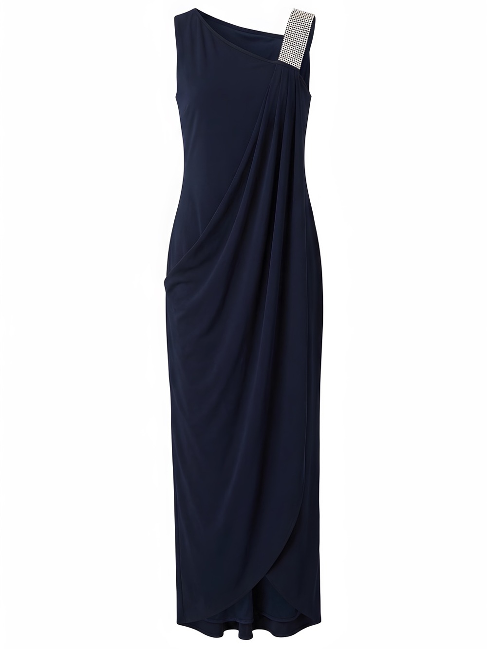 Karina Navy One-Shoulder Evening Gown with Crystal Strap